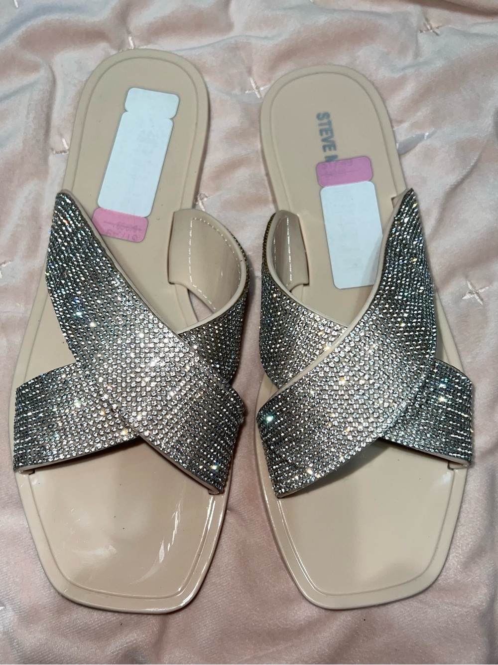 Steve Madden Beige Slide Sandals with Silver Crystal Cross-Straps